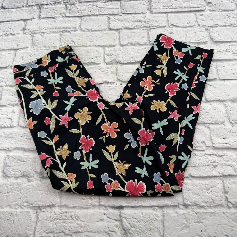 Talbots Womens 8 Black Floral Dragonfly Print Stretch Straight Leg Pants